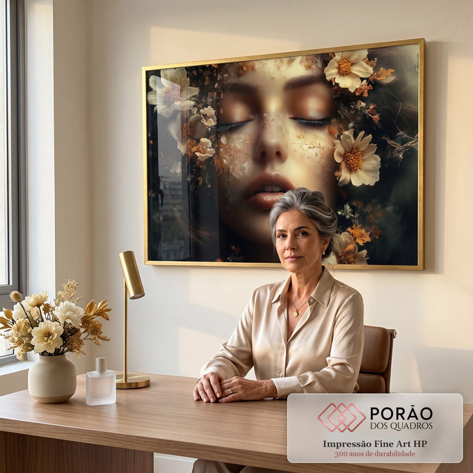 Quadro Decorativo A Beleza da Mulher sobre as Flores em escritorio moderno - quadros decorativos para sala