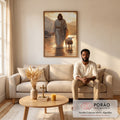 Quadro Decorativo Jesus e o Cordeiro ao Entardecer em sala de estar moderna - quadros decorativos para sala