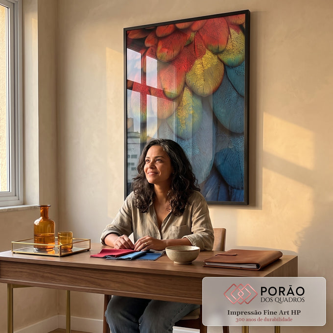 Quadro Decorativo Penas Vibrantes em escritorio moderno - quadros decorativos para sala