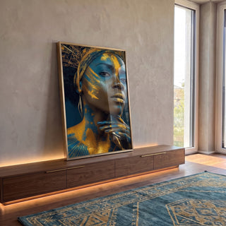 Quadro Decorativo Feminino Azul e Dourado - Poder e Beleza em ambiente decorado - quadros decorativos para sala