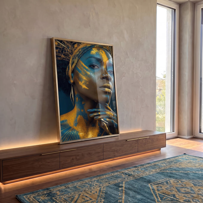 Quadro Decorativo Feminino Azul e Dourado - Poder e Beleza em ambiente decorado - quadros decorativos para sala