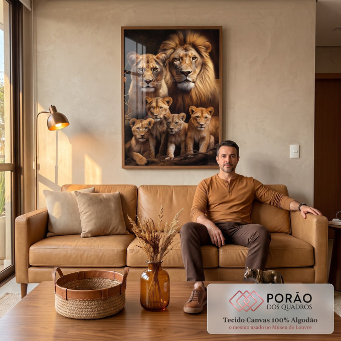Quadro Decorativo Família de Leão com 4 Filhotes - Arte Sofisticada para Seu Lar em sala de estar moderna - quadros decorativos para sala