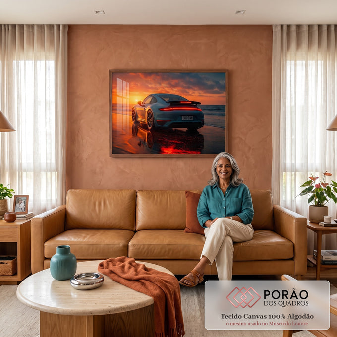 Quadro Decorativo Carro e Pôr do Sol em sala de estar moderna - quadros decorativos para sala