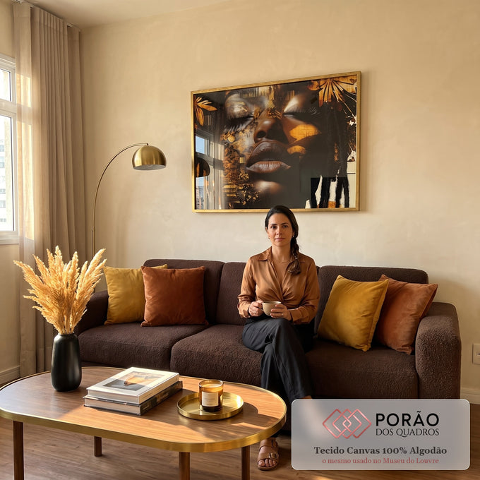 Quadro Decorativo Mulher Detalhes com Flores em sala de estar moderna - quadros decorativos para sala