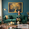 Quadro Decorativo Árvore da Vida Dourada em sala de estar moderna - quadros decorativos para sala