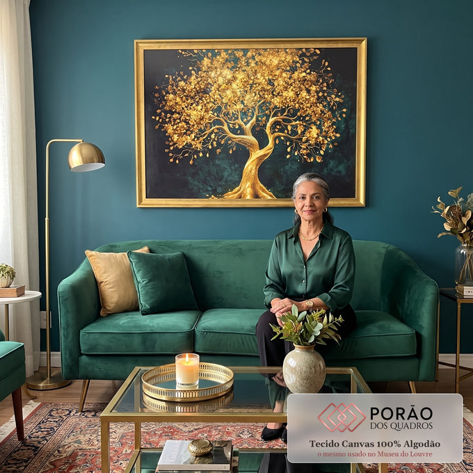 Quadro Decorativo Árvore da Vida Dourada em sala de estar moderna - quadros decorativos para sala