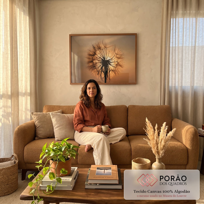 Quadro Decorativo Inspirador Dente de Leão ao Pôr do Sol em sala de estar moderna - quadros decorativos para sala