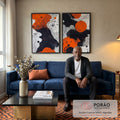 Quadro Decorativo Abstrato com Tons de Laranja, Preto e Branco em sala de estar moderna - quadros decorativos para sala