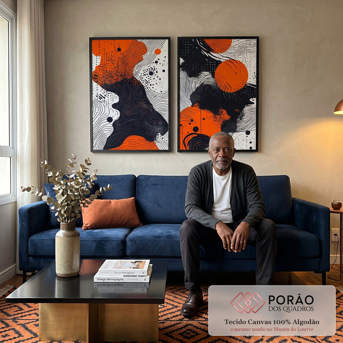 Quadro Decorativo Abstrato com Tons de Laranja, Preto e Branco em sala de estar moderna - quadros decorativos para sala