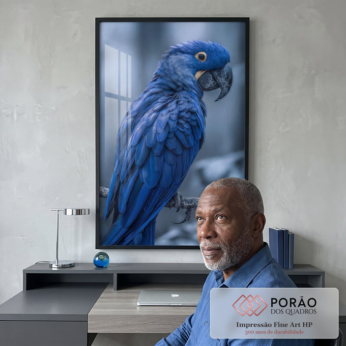 Quadro Decorativo Arara Azul Vibrante em escritorio moderno - quadros decorativos para sala
