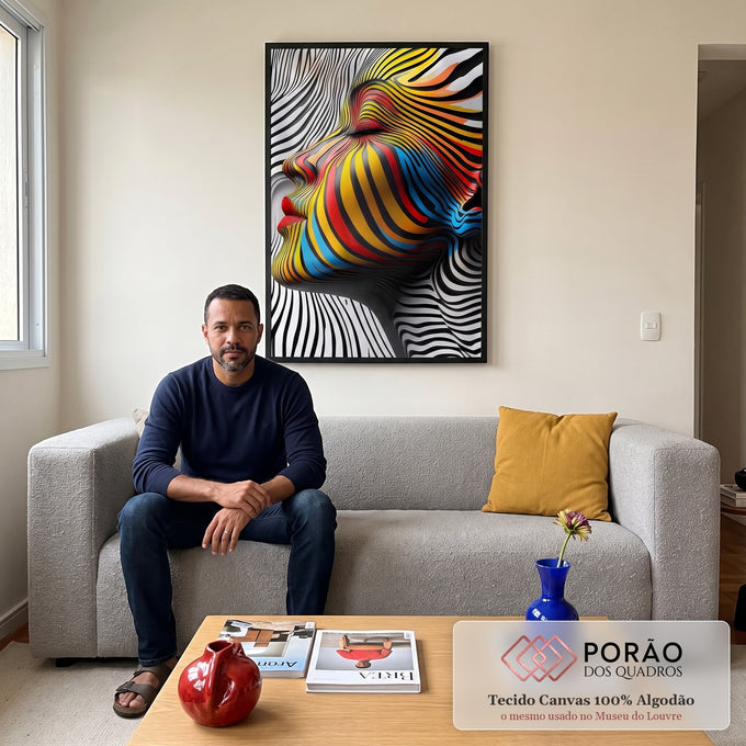 Quadro Decorativo Mulher Sobre linhas Abstratas em sala de estar moderna - quadros decorativos para sala