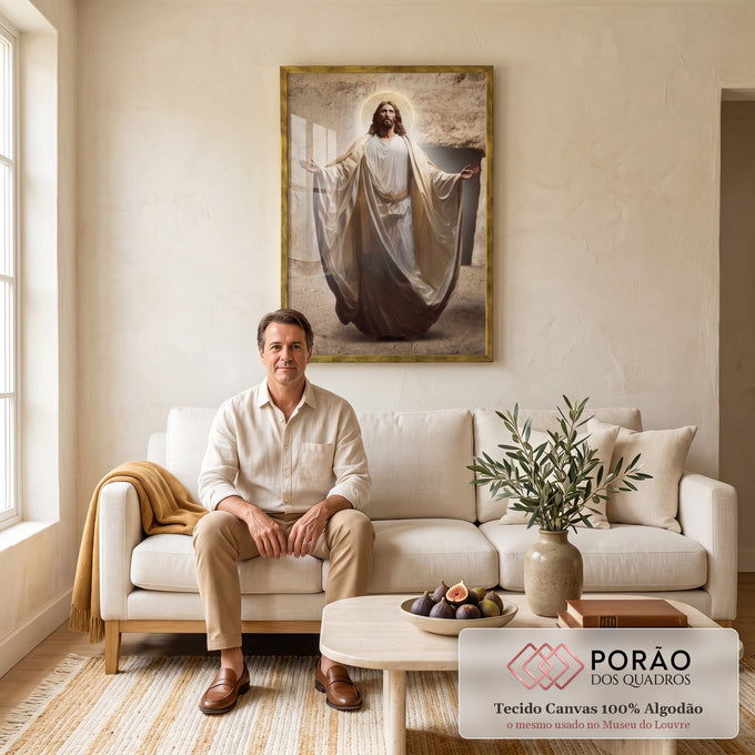 Quadro Decorativo Único: Reflexão Divina de Jesus em sala de estar moderna - quadros decorativos para sala