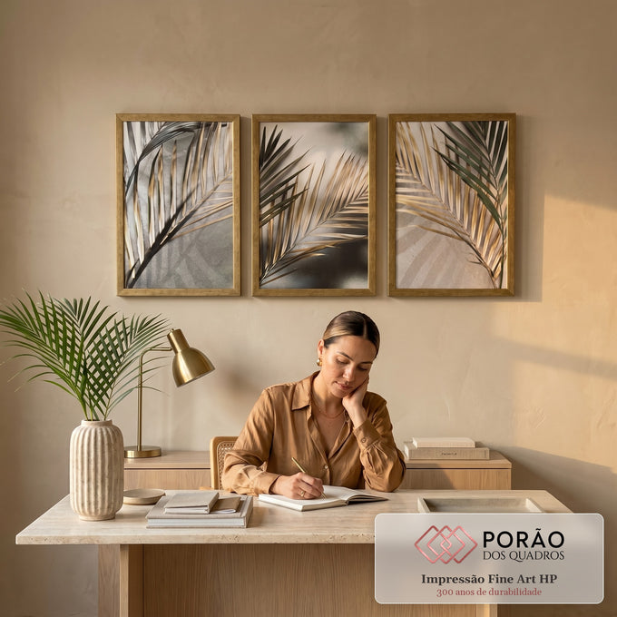 Quadro Decorativo Folhas Douradas - Desperte Luxo em Seu Ambiente em escritorio moderno - quadros decorativos para sala