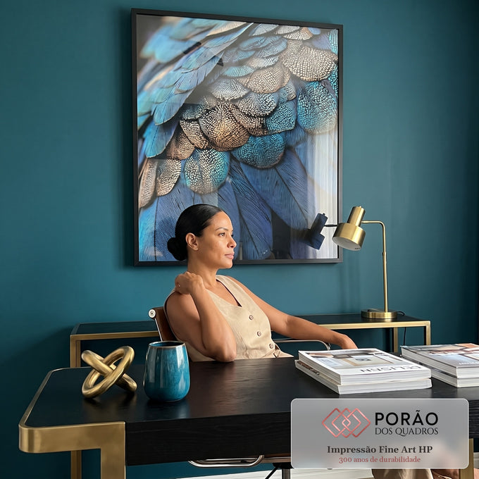 Quadro Decorativo Penas Azuis Elegantes em escritorio moderno - quadros decorativos para sala
