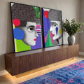 Quadro Decorativo Abstrato Contemporâneo: Rostos e Geometria em ambiente decorado - quadros decorativos para sala
