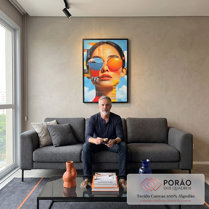 Quadro Decorativo Abstrato Mulher sobre Nuvens em sala de estar moderna - quadros decorativos para sala