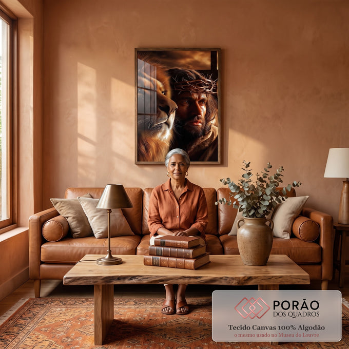 Quadro Decorativo Majestade e Sacrifício Leão de Judá em sala de estar moderna - quadros decorativos para sala