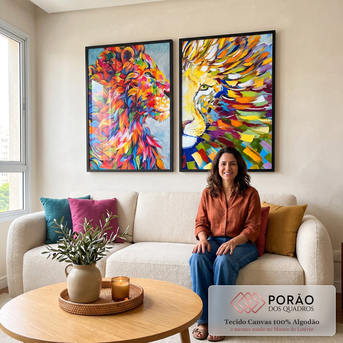 Quadro Decorativo Majestosos Leões Coloridos ? Toque Real em sala de estar moderna - quadros decorativos para sala
