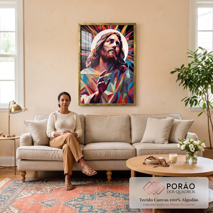 Quadro Decorativo Jesus Abstrato - Toque de Fé e Arte em sala de estar moderna - quadros decorativos para sala