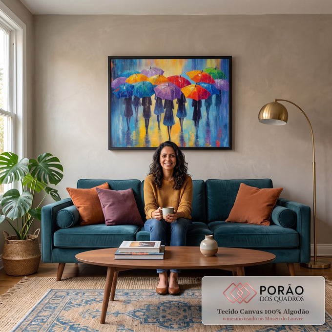 Quadro Decorativo Mulheres Arte Vibrante da Cidade Colorida em sala de estar moderna - quadros decorativos para sala