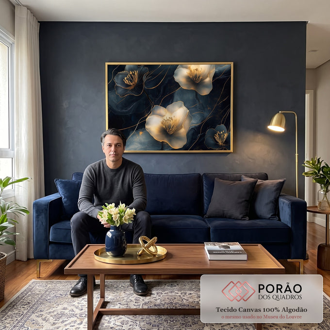 Quadro Decorativo Flores Surrealistas em Movimento Abstrato em sala de estar moderna - quadros decorativos para sala