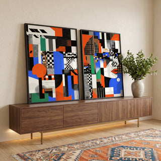 Quadro Decorativo Abstrato com Geometria Colorida em ambiente decorado - quadros decorativos para sala