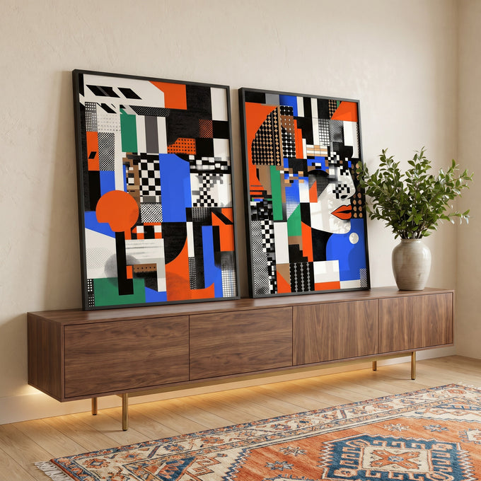 Quadro Decorativo Abstrato com Geometria Colorida em ambiente decorado - quadros decorativos para sala