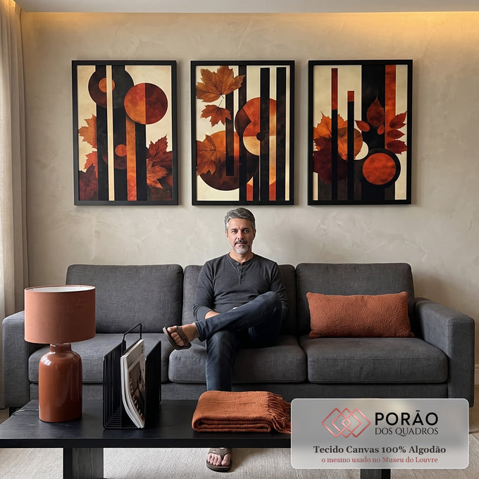 Quadro Decorativo Abstrato com Folhas Alaranjadas em sala de estar moderna - quadros decorativos para sala