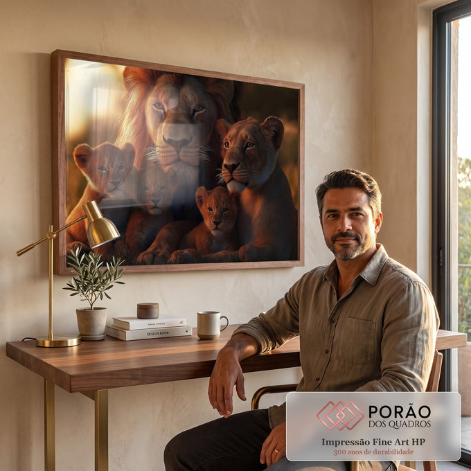 Quadro Decorativo Família Harmônica de Leões Beleza e Sofisticação em escritorio moderno - quadros decorativos para sala