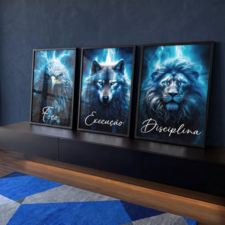 Quadro Decorativo Motivacional Foco, Disciplina e Execução - Azul Vibrante em ambiente decorado - quadros decorativos para sala