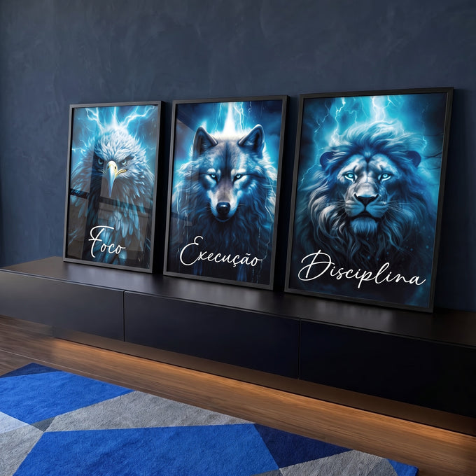 Quadro Decorativo Motivacional Foco, Disciplina e Execução - Azul Vibrante em ambiente decorado - quadros decorativos para sala