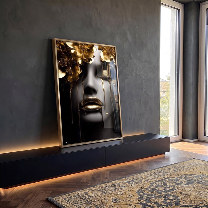 Quadro Decorativo - Rosto de Ouro em ambiente decorado - quadros decorativos para sala