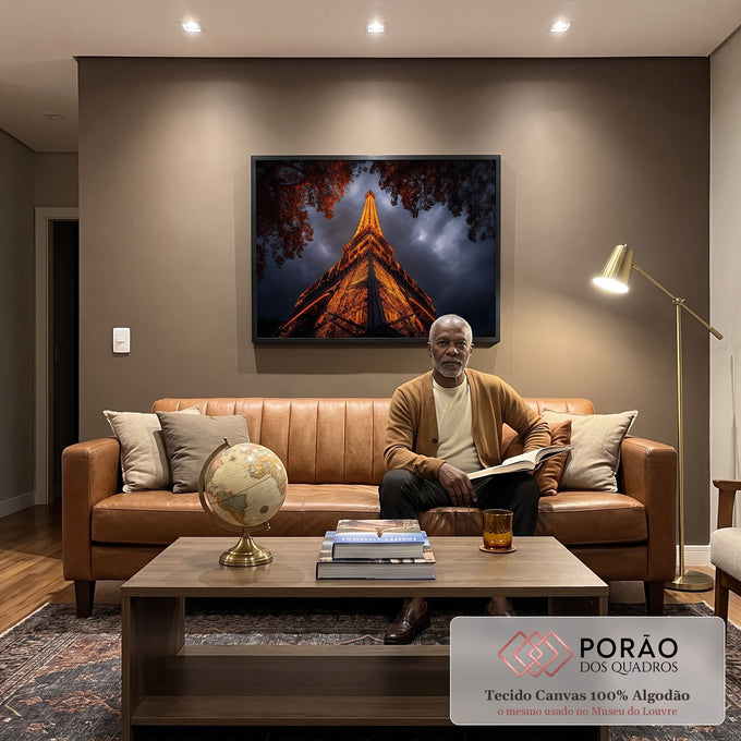 Quadro Decorativo Torre Eiffel Noturna Elegante em sala de estar moderna - quadros decorativos para sala