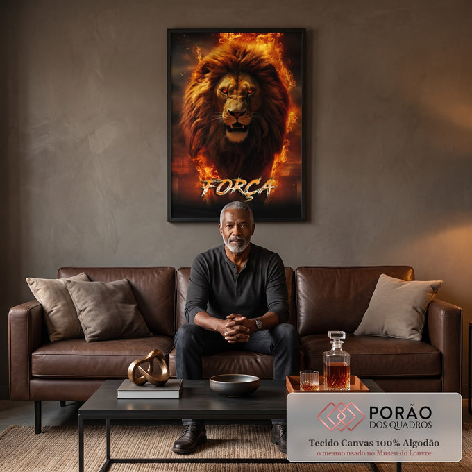 Quadro Decorativo Leão Força Fogo - Exuberância e Estilo para Sua Parede em sala de estar moderna - quadros decorativos para sala