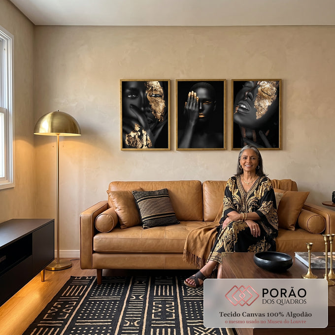 Quadro Decorativo: Beleza Dourada - Luxo e Sofisticação em sala de estar moderna - quadros decorativos para sala
