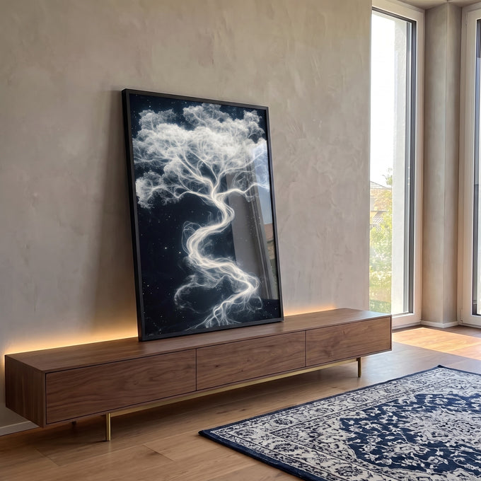 Quadro Decorativo Árvore da Vida Esfumaçada Elegância Natural em ambiente decorado - quadros decorativos para sala