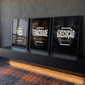 Quadro Decorativo Motivacional Trio: Foco, Execução e Tenacidade - Arte Inspiradora para Sua Casa em ambiente decorado - quadros decorativos para sala