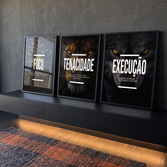 Quadro Decorativo Motivacional Trio: Foco, Execução e Tenacidade - Arte Inspiradora para Sua Casa em ambiente decorado - quadros decorativos para sala
