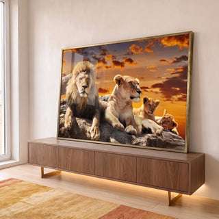 Quadro Decorativo Leões ao Pôr do Sol - Família e Força em ambiente decorado - quadros decorativos para sala
