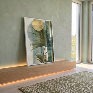 Quadro Decorativo Minimalista de Folhas Verdes - Elegância e Sustentabilidade em ambiente decorado - quadros decorativos para sala