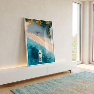 Quadro Decorativo Paraíso Tropical - Barco e Areia Fina em ambiente decorado - quadros decorativos para sala