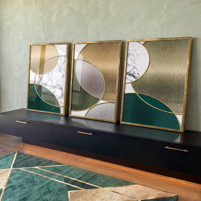 Quadro Decorativo Círculos Dourados - Luxo Cósmico em ambiente decorado - quadros decorativos para sala
