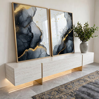 Quadro Decorativo Abstração Orgânica em Preto, Branco e Dourado em ambiente decorado - quadros decorativos para sala