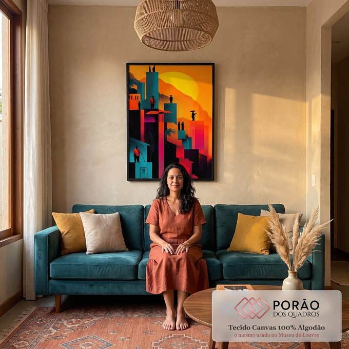 Quadro Decorativo Cidade ao Pôr do Sol Vibrante em sala de estar moderna - quadros decorativos para sala