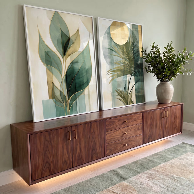 Quadro Decorativo Duo Leaves - Elegância Verde para sua Decoração Moderna em ambiente decorado - quadros decorativos para sala