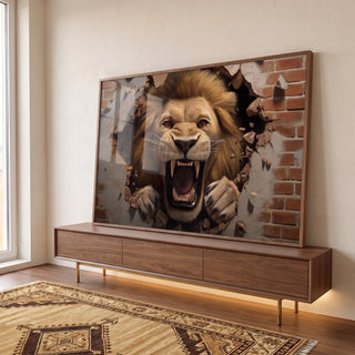 Quadro Decorativo Leão Quebrando a Parede - Inspiração e Força em ambiente decorado - quadros decorativos para sala