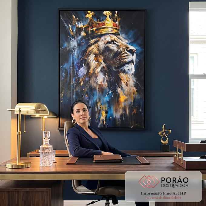 Quadro Decorativo Leão Majestoso Luxo em escritorio moderno - quadros decorativos para sala