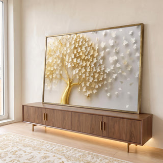 Quadro Decorativo Árvore Dourada em ambiente decorado - quadros decorativos para sala