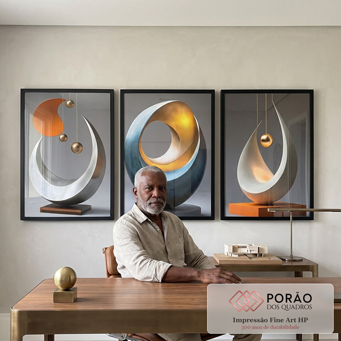 Conjunto Abstrato de Quadros Fluídos - Movimento e Elegância em 3 Peças em escritorio moderno - quadros decorativos para sala