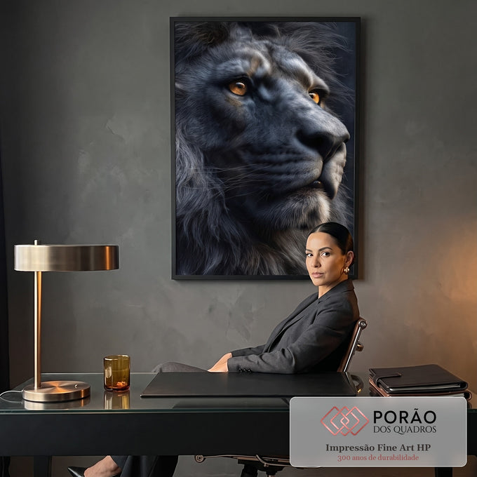 Quadro Decorativo Leão Majestoso e Elegante em escritorio moderno - quadros decorativos para sala